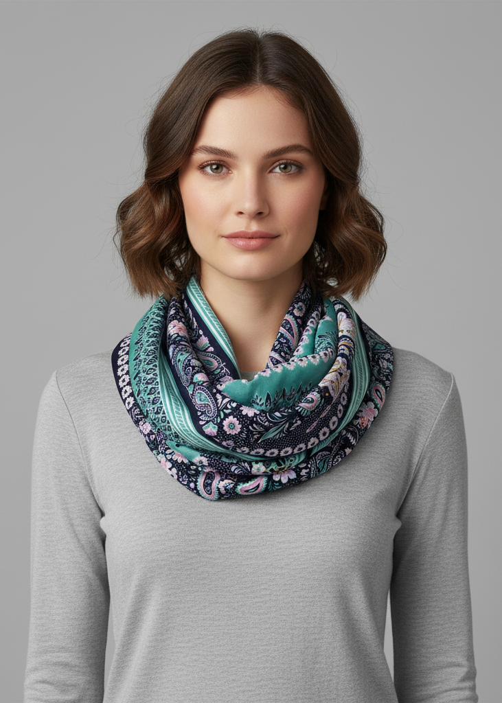 Teal navy peach graphic paisley printed infinity loop scarf for stylish accessory layering.
