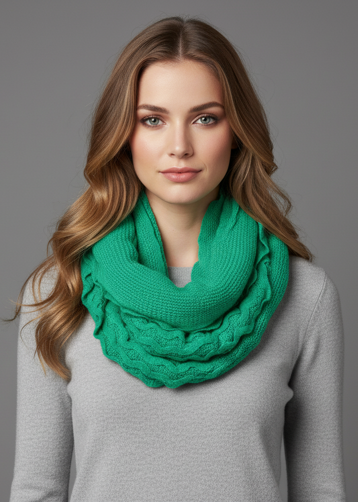 Teal and peach ruffle edge thick knitted infinity loop scarf for chic winter style.