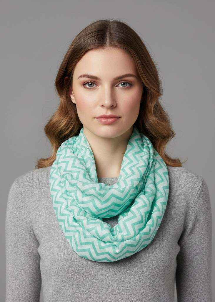 Teal and white chevron pattern sheer infinity loop scarf for women, lightweight and breathable fashion accessory.