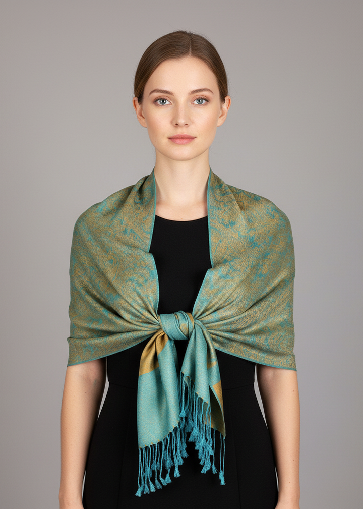 Teal and gold vintage jacquard paisley pashmina shawl wrap scarf.