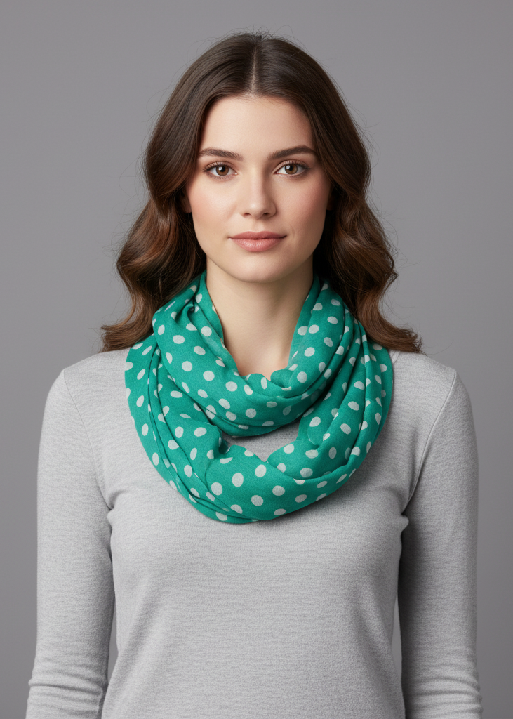 Lightweight teal and ivory polka dot infinity loop scarf with a sheer circle print for women.