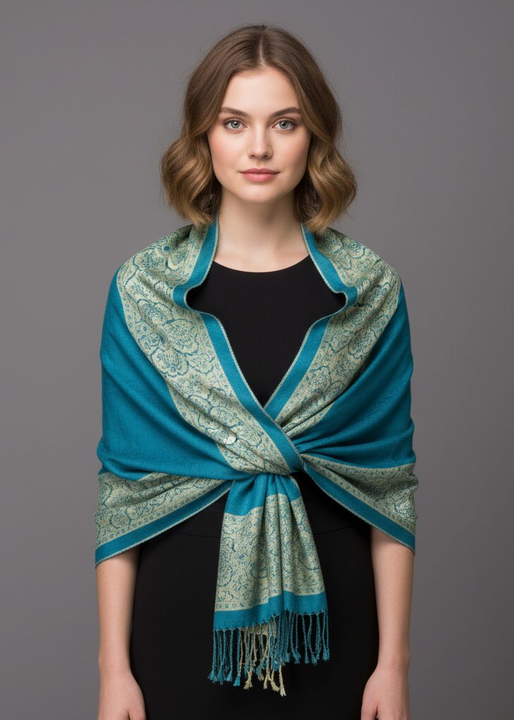 Reversible pashmina shawl featuring a teal and lime green paisley design with a detailed floral border and fringe trim.