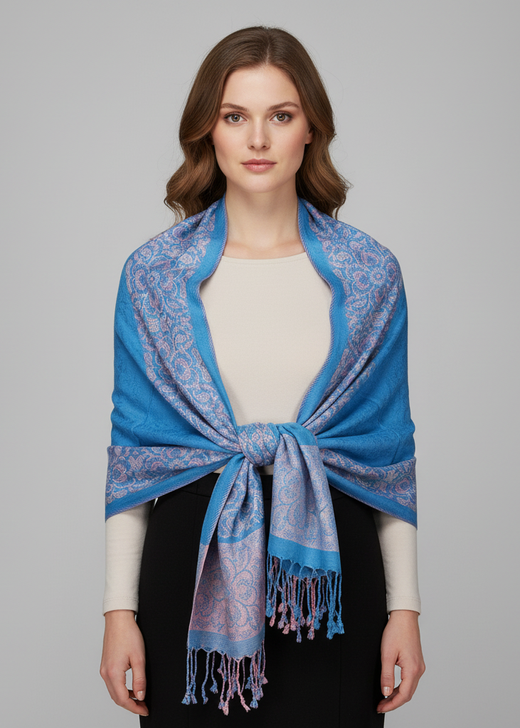 Teal and pink reversible pashmina wrap shawl featuring a detailed paisley and floral border design.