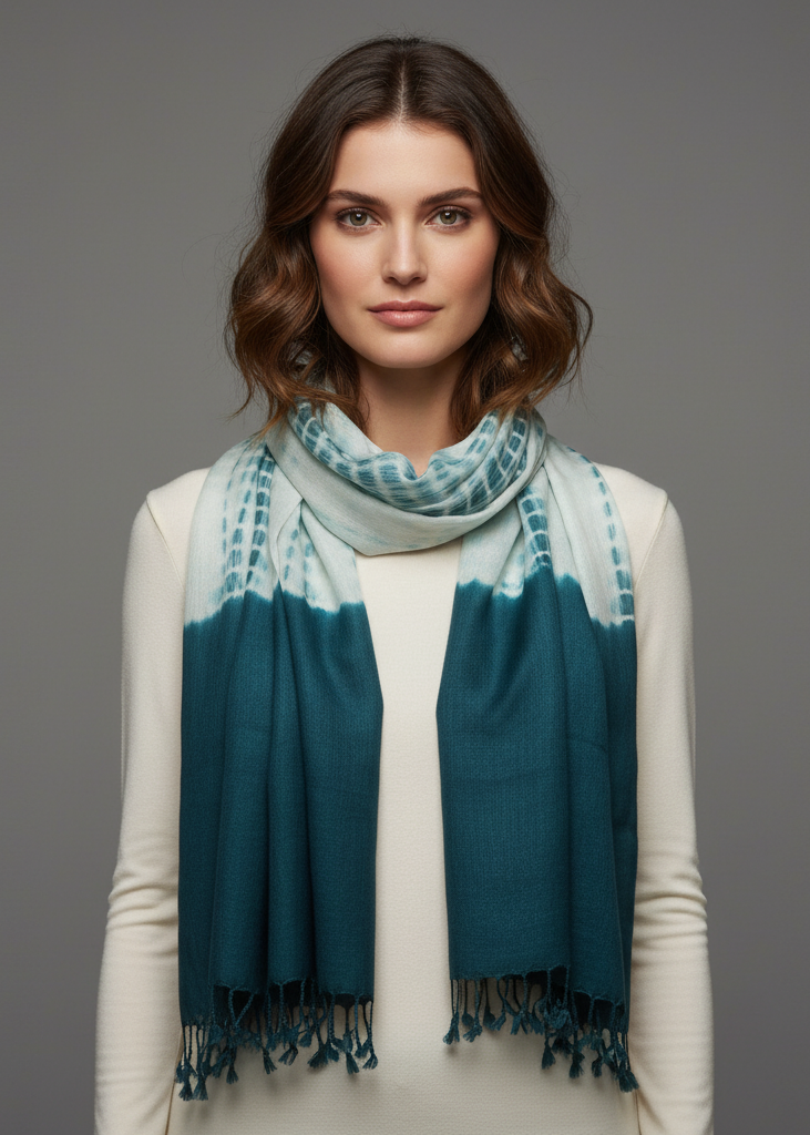 Teal and white tie-dye pashmina shawl with soft fringe trim