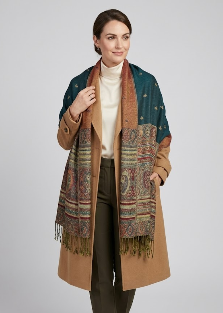 Teal bohemian pashmina shawl featuring a reversible tribal border and ethnic design.