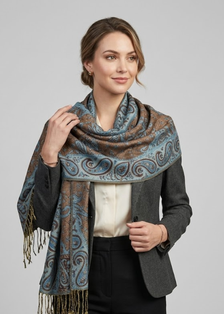 Reversible double layer pashmina shawl wrap with a teal and peach paisley pattern and fringed edges.