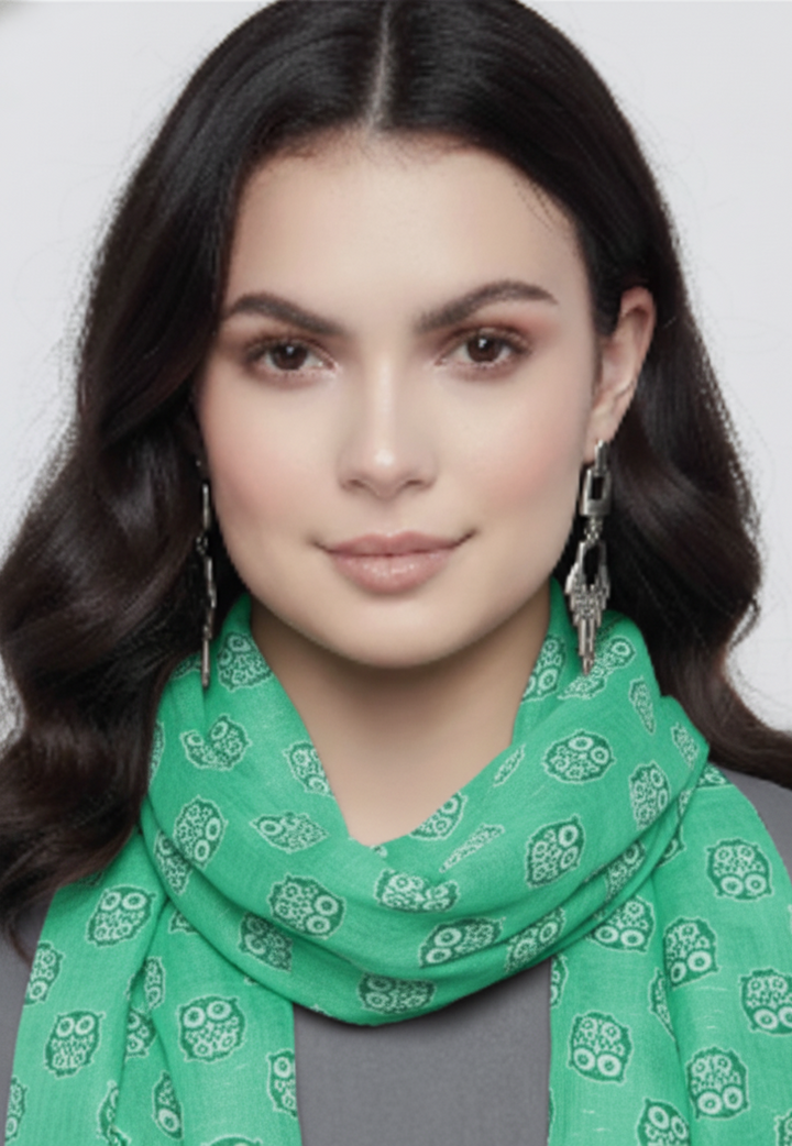 Lightweight teal and white summer sheer scarf featuring a soft animal bird and owl print pattern.