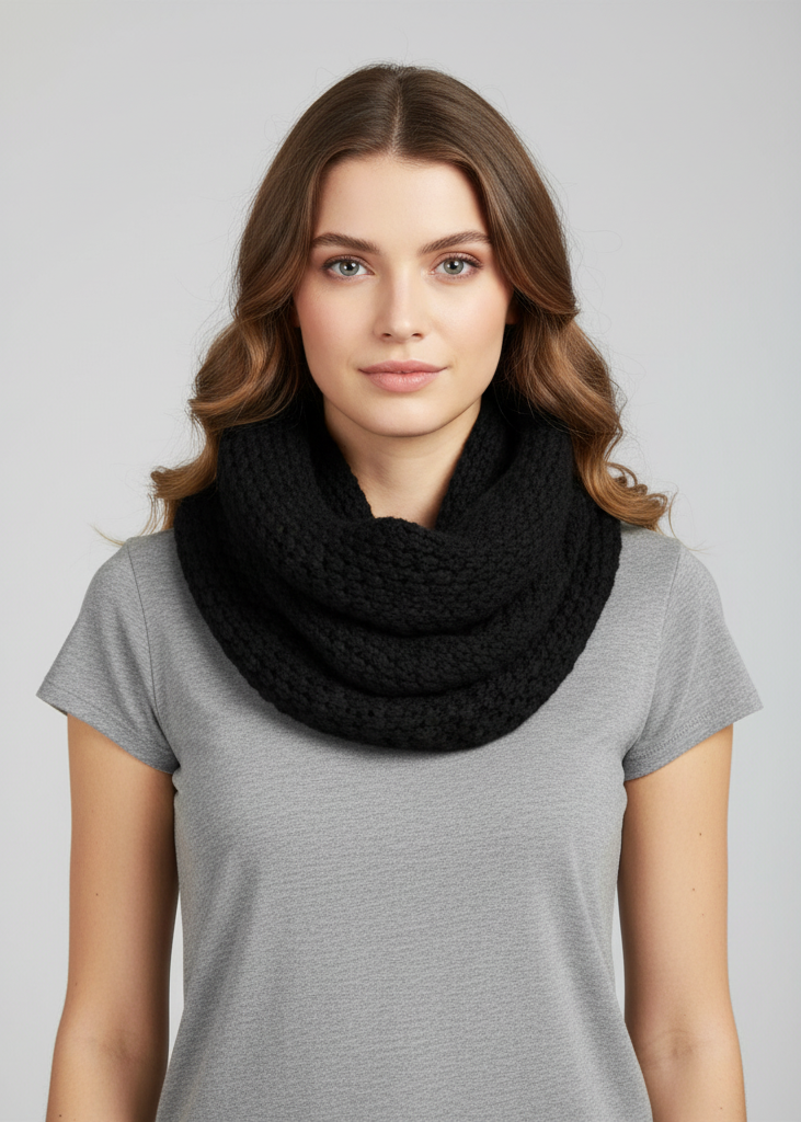 Thick crochet infinity loop scarf handmade with chunky white yarn featuring a textured stitch pattern.