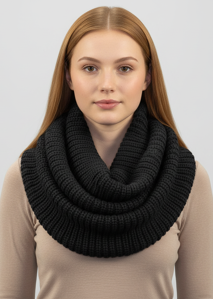 Thick ribbed chunky knit infinity loop scarf in a soft warm texture.