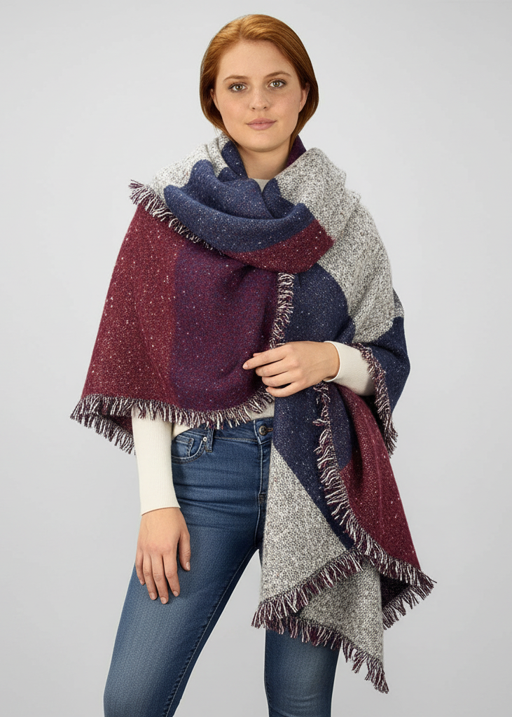 Burgundy red and navy blue plaid woven oversized oblong blanket scarf with fringe edges