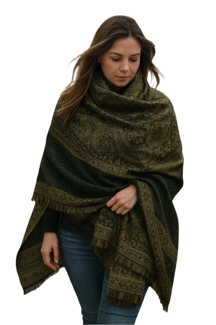 Luxury black and olive paisley Himalayan Cashmere Pashmina shawl from the Thick 4 Ply Winter Collection, styled for warmth and elegance.
