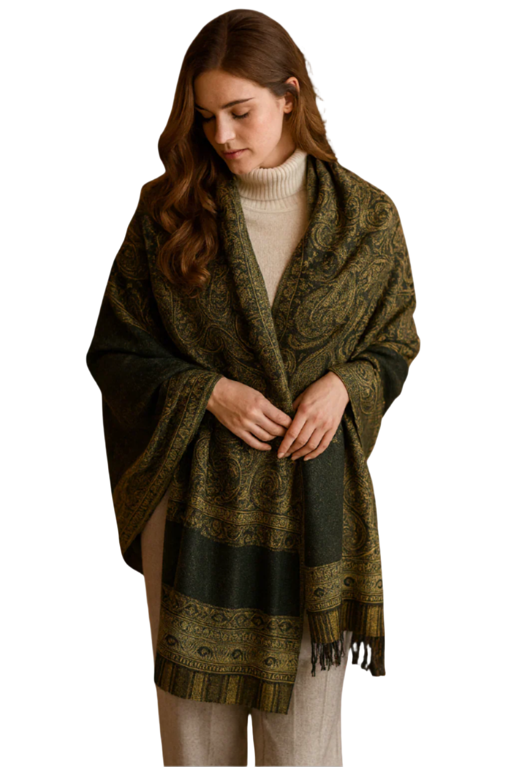 Luxury black and olive paisley Himalayan Cashmere Pashmina shawl from the Thick 4 Ply Winter Collection, styled for warmth and elegance.