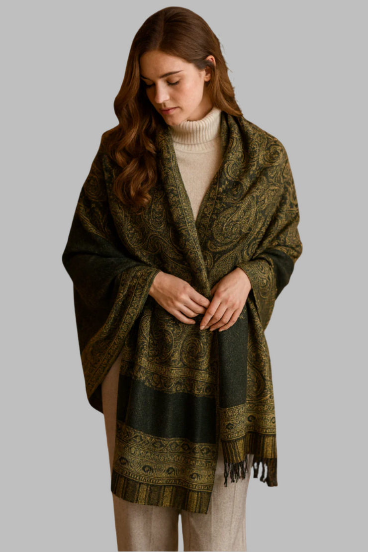 Luxury black and olive paisley Himalayan Cashmere Pashmina shawl from the Thick 4 Ply Winter Collection, styled for warmth and elegance.