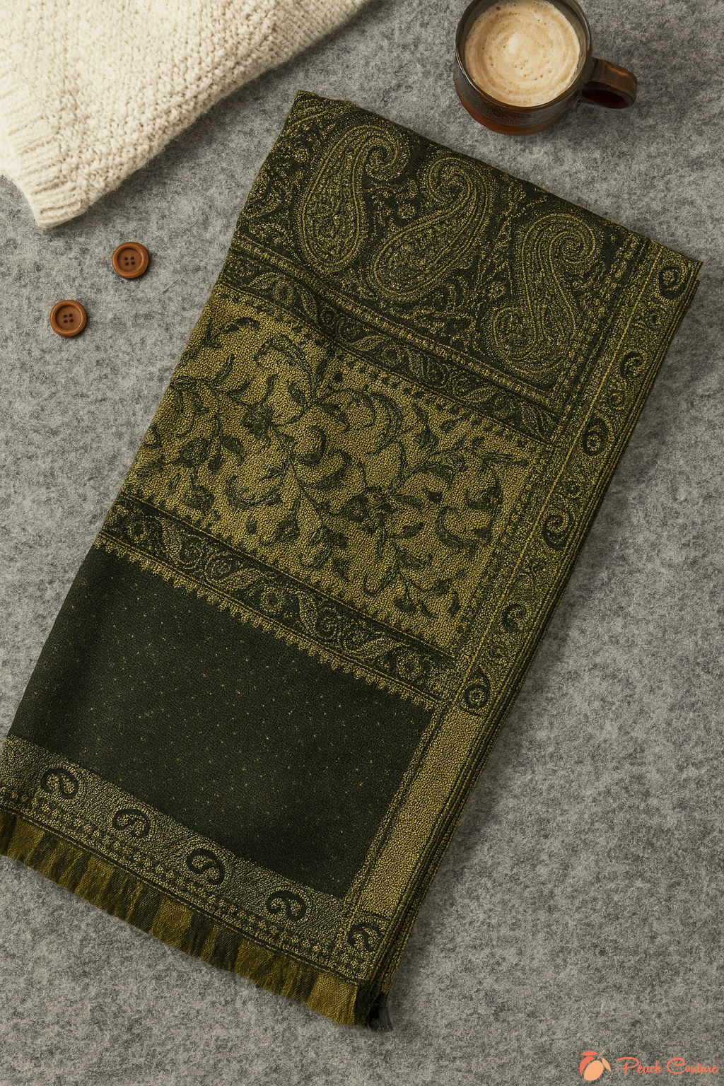 Luxury black and olive paisley Himalayan Cashmere Pashmina shawl from the Thick 4 Ply Winter Collection, styled for warmth and elegance.