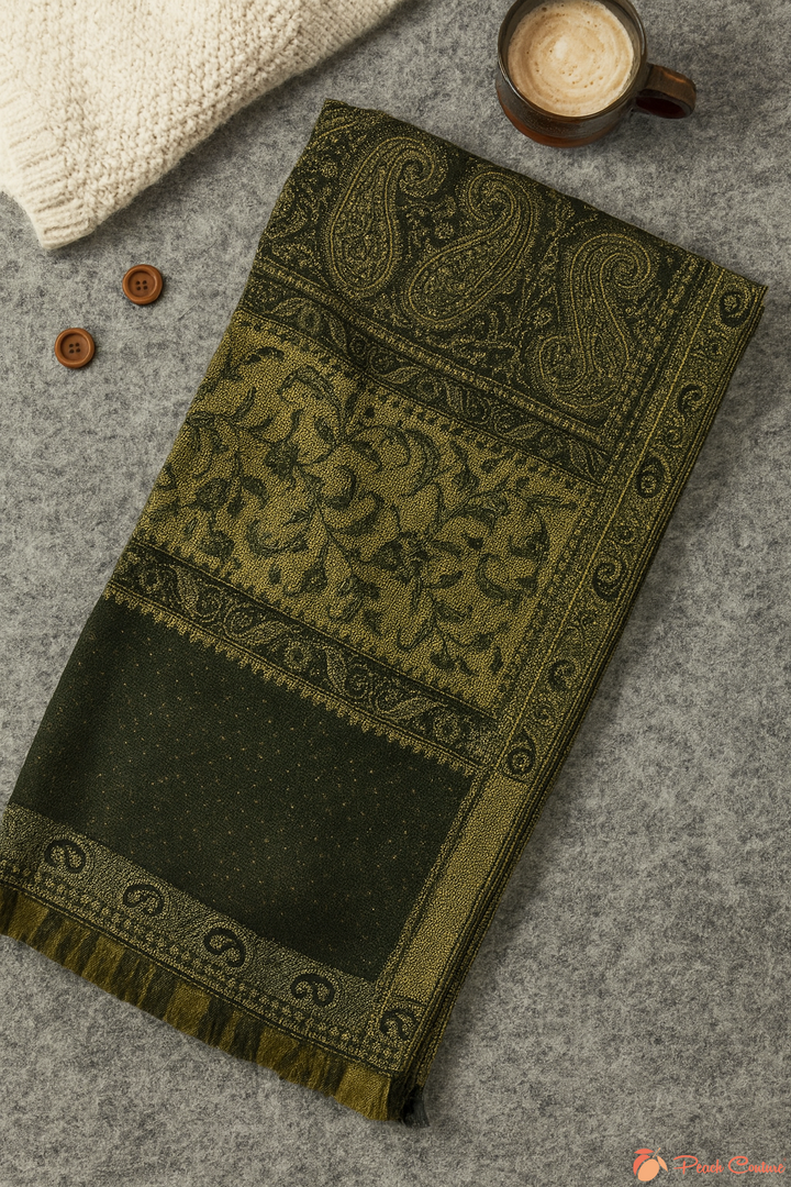 Luxury black and olive paisley Himalayan Cashmere Pashmina shawl from the Thick 4 Ply Winter Collection, styled for warmth and elegance.