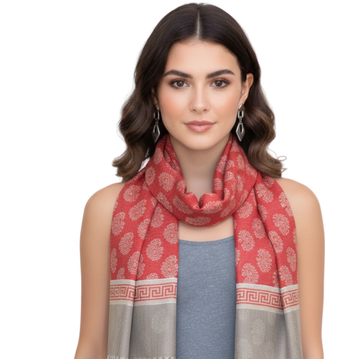 Coral Silky Tribal Paisley Fringe Scarf