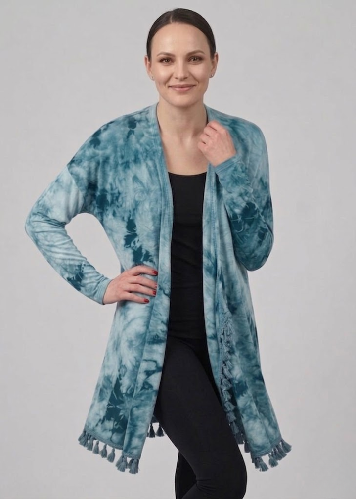 Tie-dyed cascading drape cardigan with an asymmetric hem and open front design