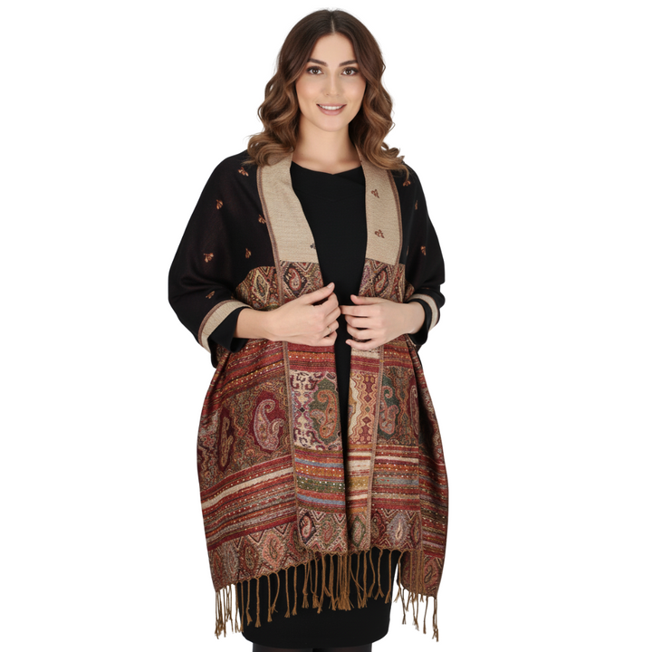 Tribal Border Reversible Bohemian Pashmina Shawl