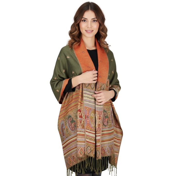 Tribal Border Reversible Bohemian Pashmina Shawl