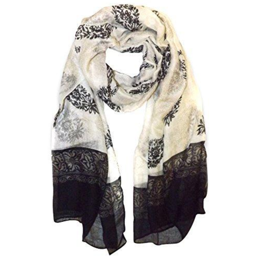 Off White & Black Tribal Flower Paisley Scarf