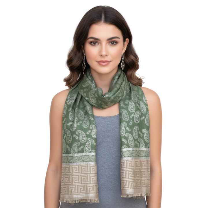 Emerald Silky Tribal Paisley Fringe Scarf