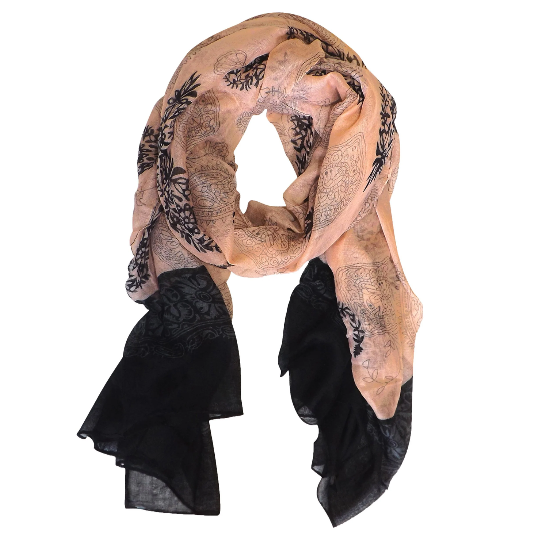 Peach & Black Tribal Flower Paisley Scarf