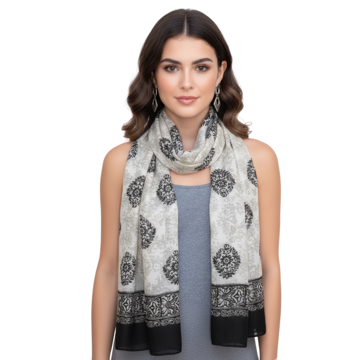 Off White & Black Tribal Flower Paisley Scarf