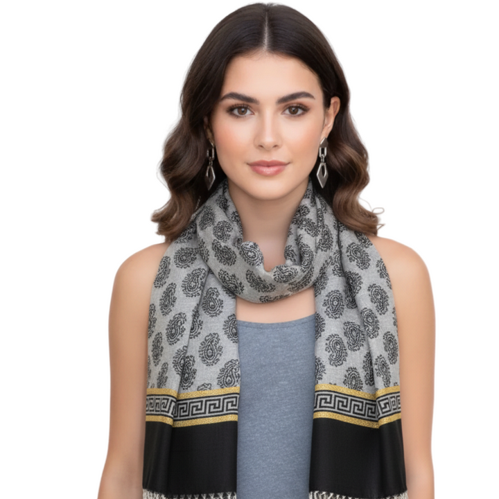 Gray Silky Tribal Paisley Fringe Scarf