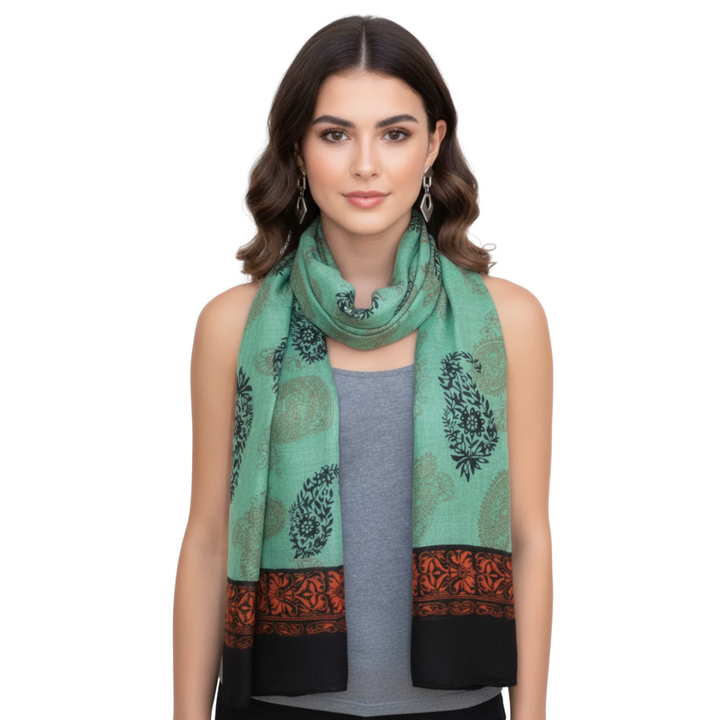 Green & Black Tribal Flower Paisley Scarf
