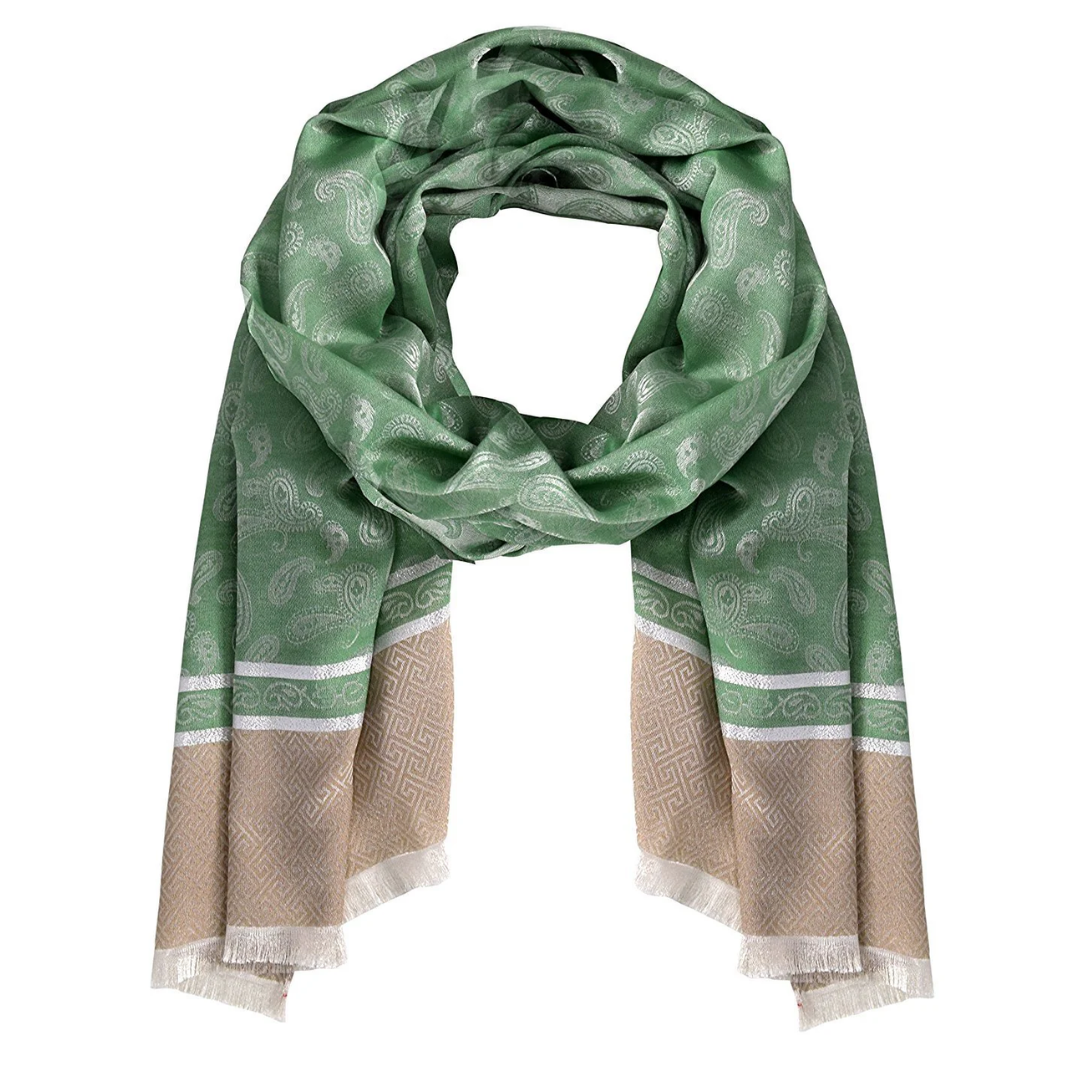 Emerald Silky Tribal Paisley Fringe Scarf
