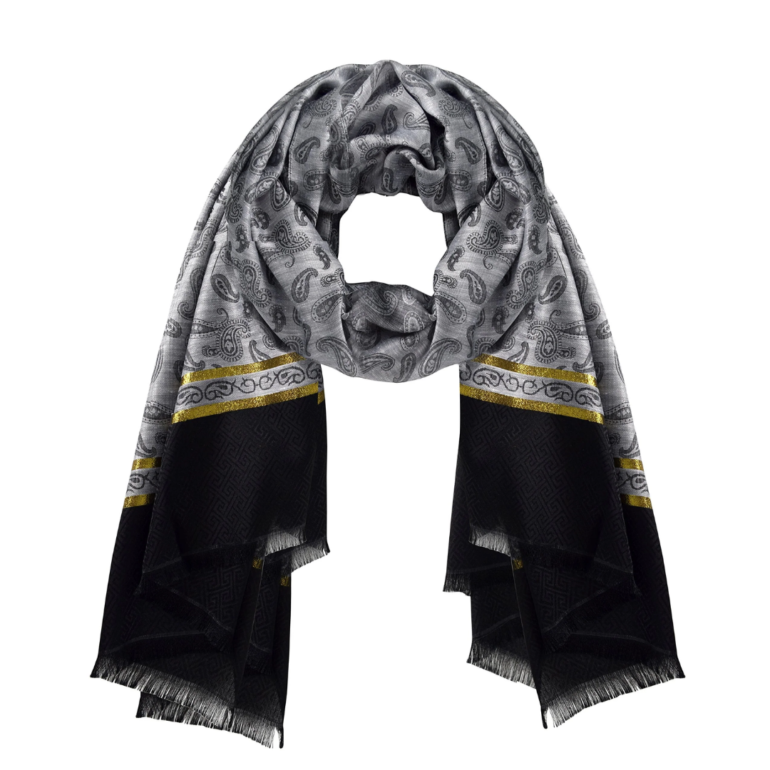 Gray Silky Tribal Paisley Fringe Scarf