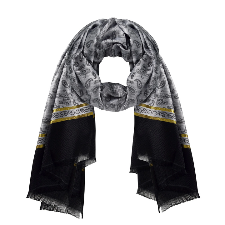 Gray Silky Tribal Paisley Fringe Scarf
