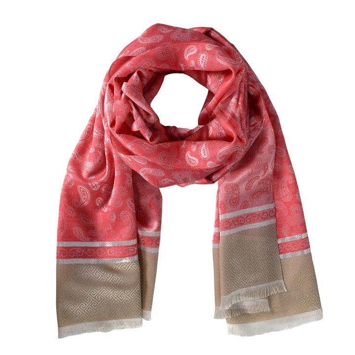 Coral Silky Tribal Paisley Fringe Scarf