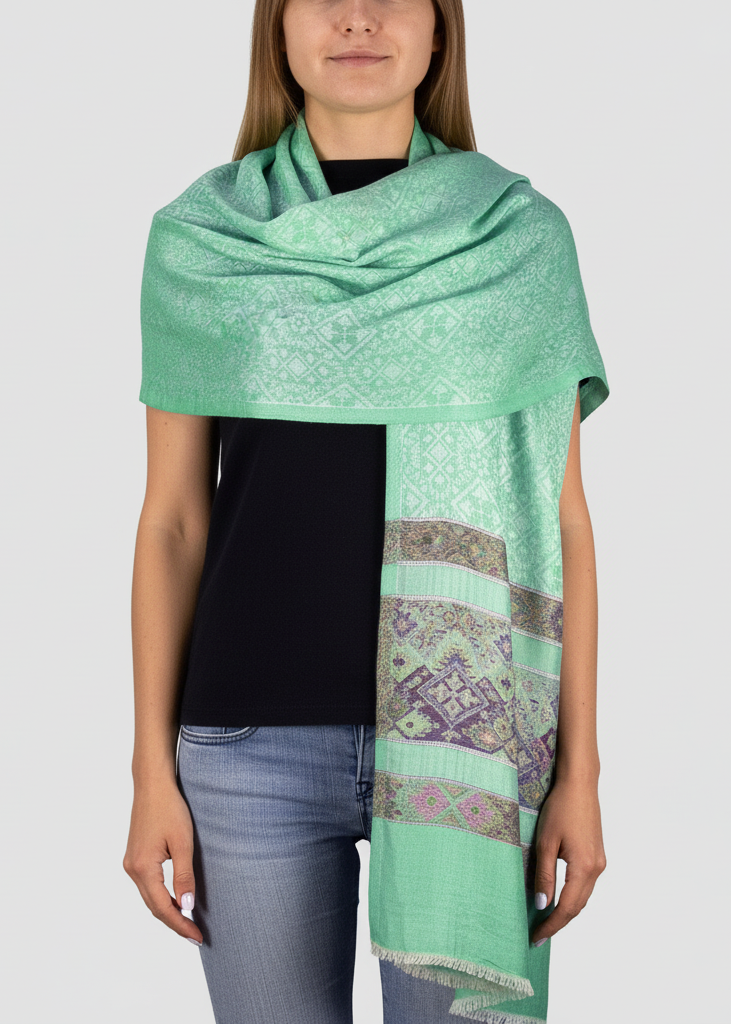 Tribal Aqua Exclusive Silky Shiny Tribal Paisley Printed Fringe Scarf