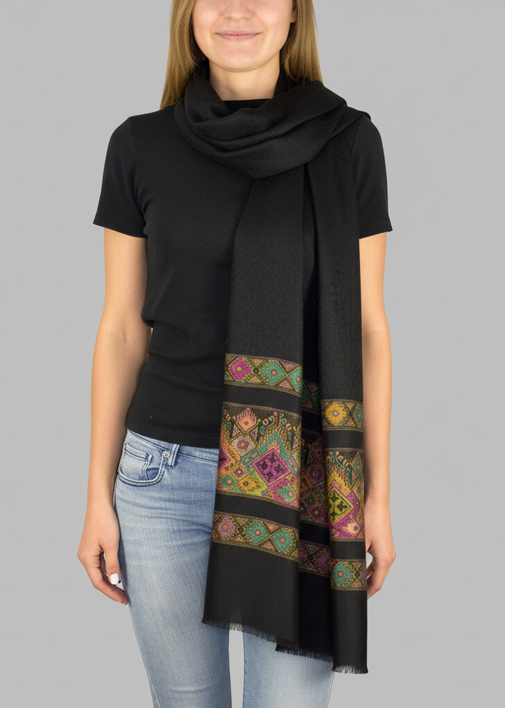 Tribal Black Exclusive Silky Shiny Tribal Paisley Printed Fringe Scarf
