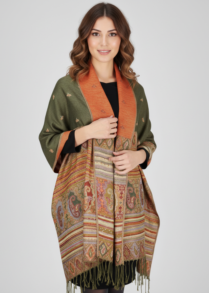 Reversible bohemian pashmina shawl with a tribal border pattern and ethnic design.