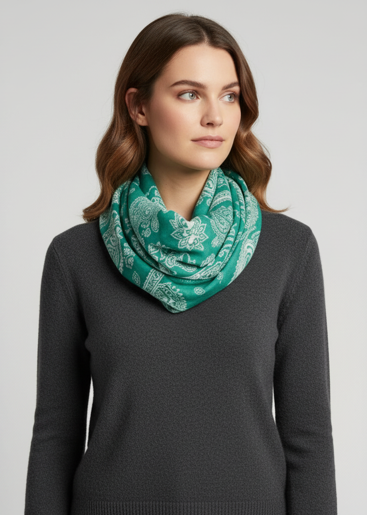 Soft infinity loop scarf featuring a tribal paisley and floral pattern with elephant animal prints