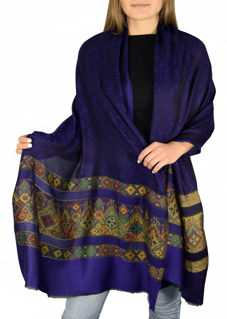 Tribal Plum Exclusive Silky Shiny Tribal Paisley Printed Fringe Scarf
