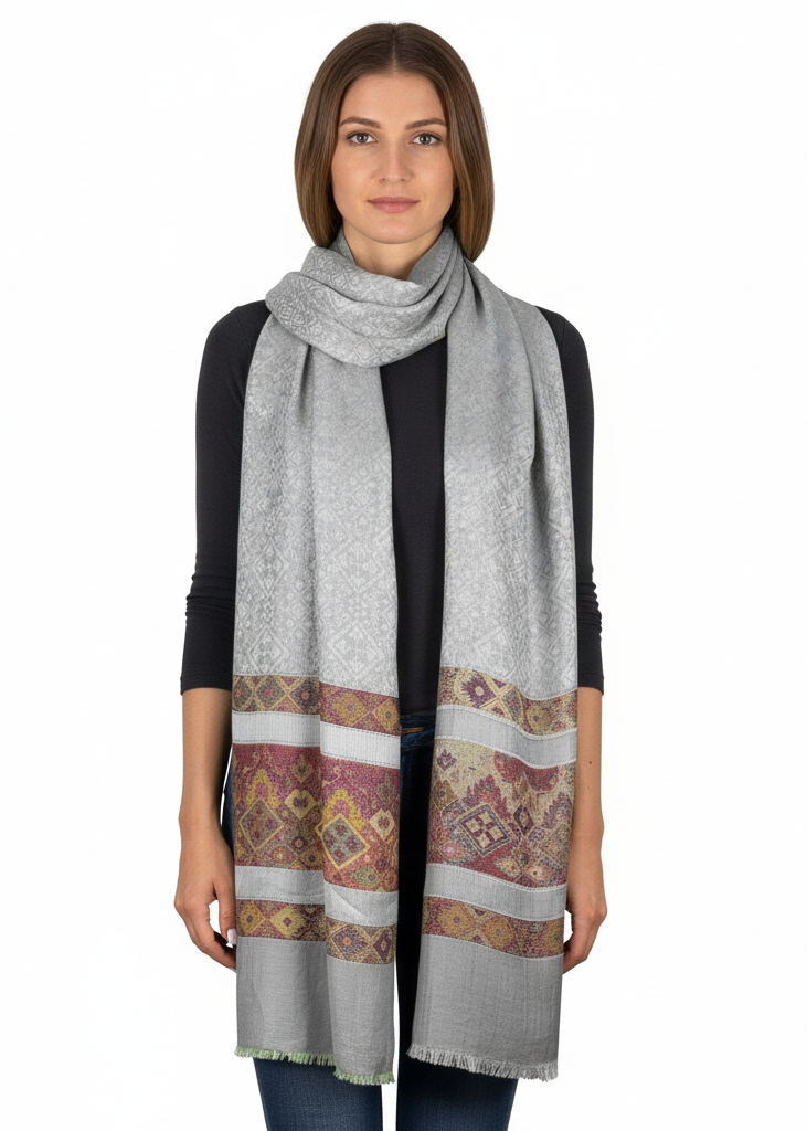 Silver and peach tribal paisley printed silky shiny scarf with fringe edge