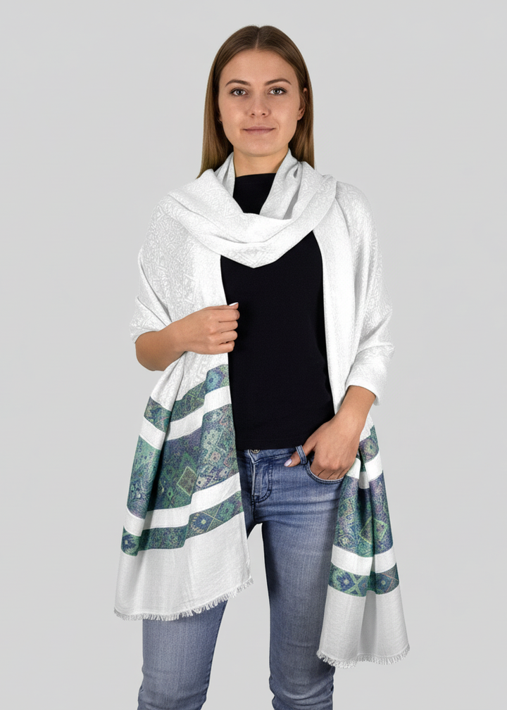 White peach scarf with silky shiny tribal paisley print and fringe detail