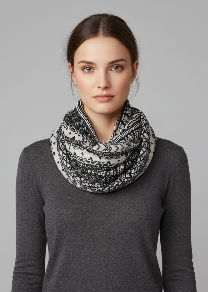 Tribal and Aztec prints lightweight infinity loop scarf for stylish fashion accessory.