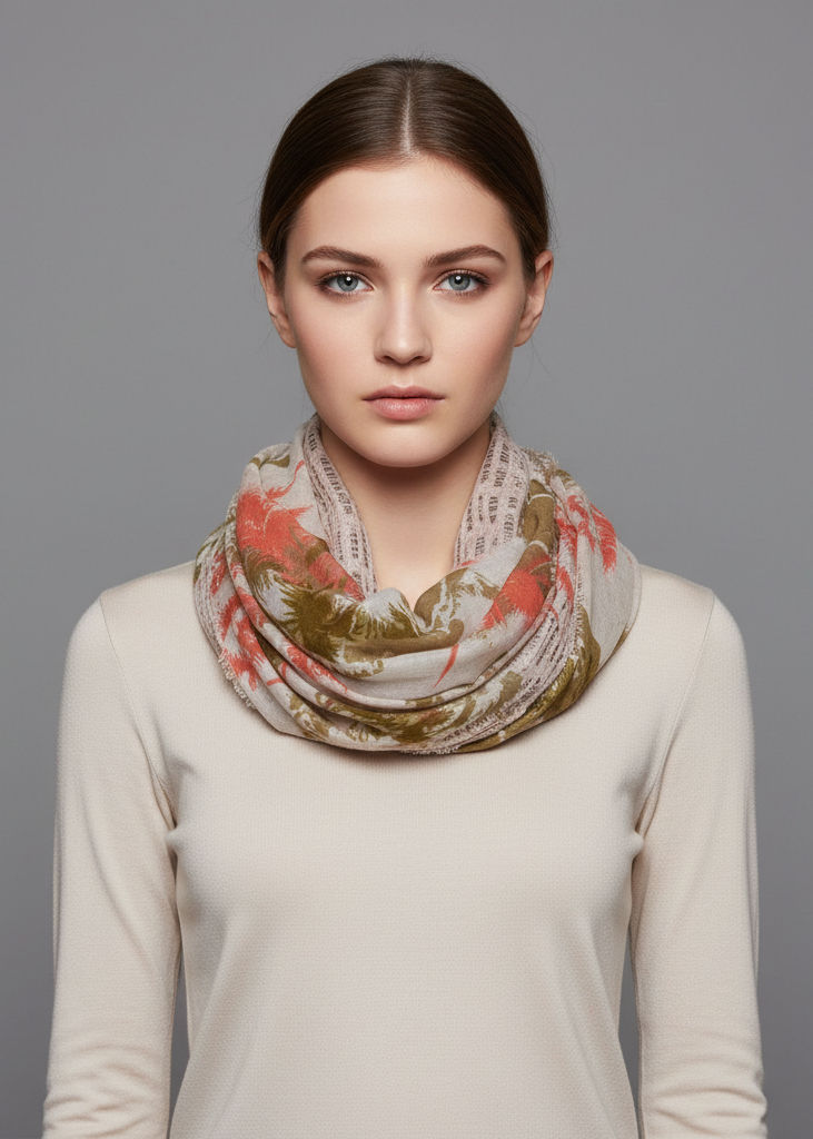 Beige tropical print double layer infinity loop circle scarf for summer fashion.