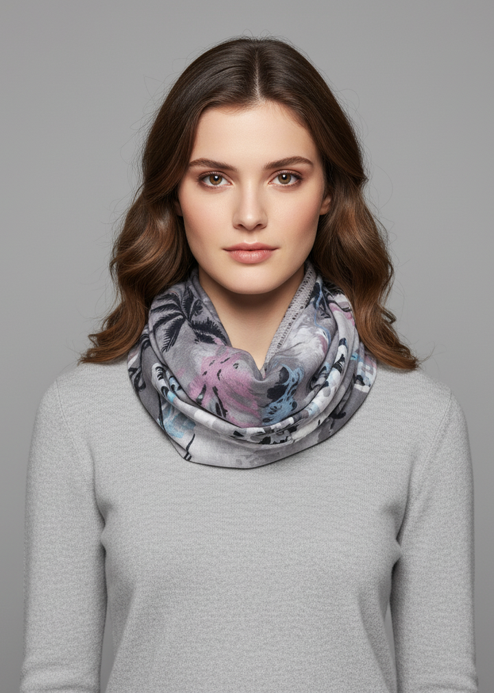 Tropical print grey double layer infinity loop circle scarf with eyelash fringe.