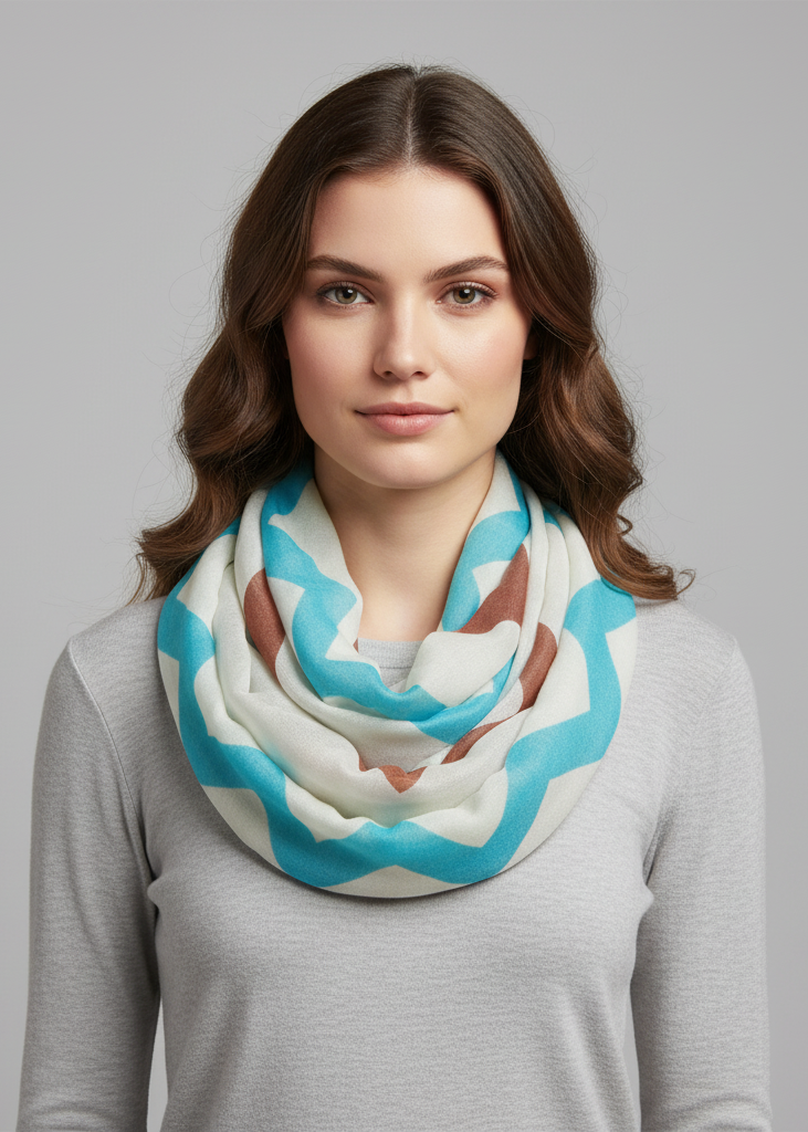 Multicolored chevron geometric infinity loop scarf in turquoise, brown, and peach.