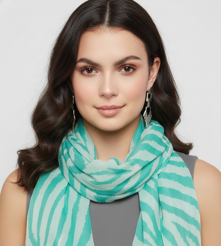 Trendy zebra and animal print fashion graphic shawl wrap scarf in turquoise and peach.