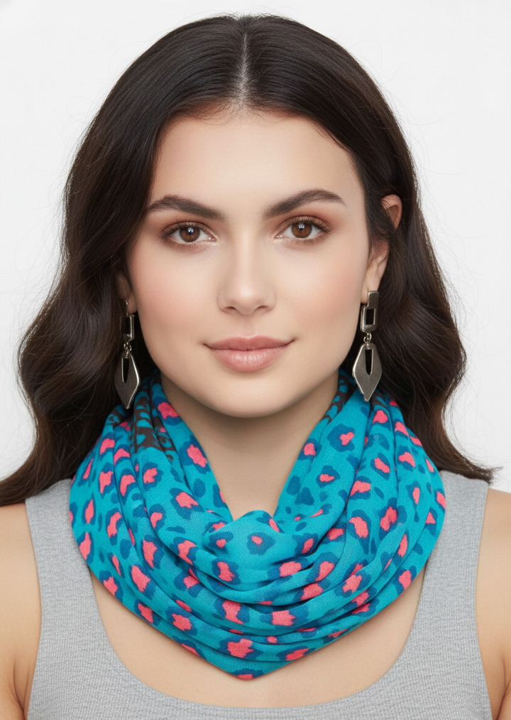 Vibrant turquoise and pink infinity loop scarf featuring a retro neon animal print pattern
