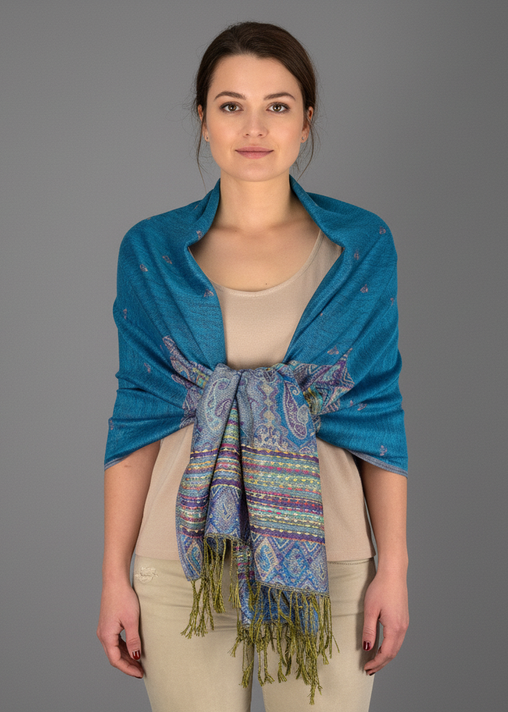 Turquoise ethnic design bohemian pashmina shawl featuring a reversible tribal border pattern.