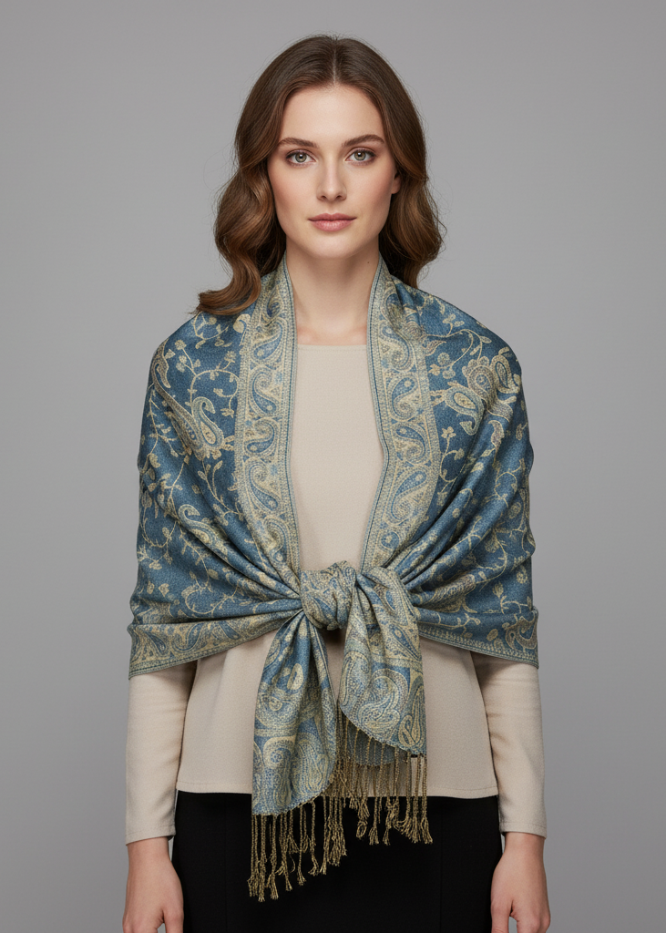 Elegant turquoise and peach double-layer reversible pashmina shawl featuring an intricate paisley pattern and fringed edges.