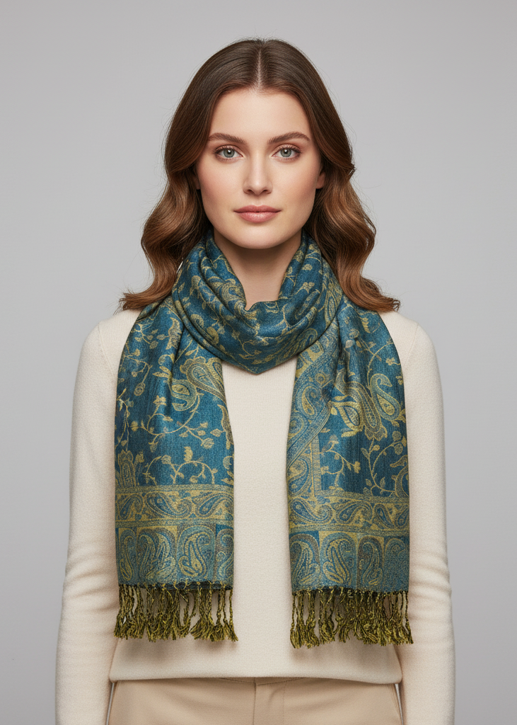 Reversible turquoise and peach jacquard pashmina shawl with an intricate paisley pattern and fringed ends.