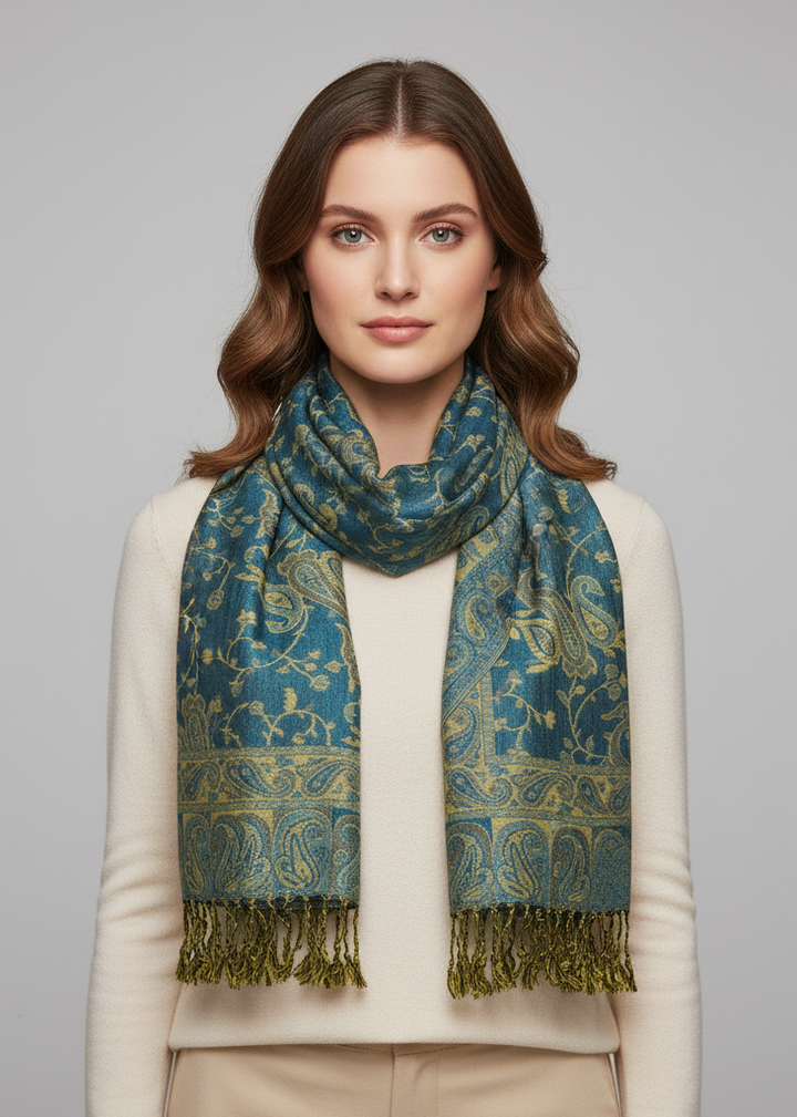 Reversible turquoise and peach jacquard pashmina shawl with an intricate paisley pattern and fringed ends.